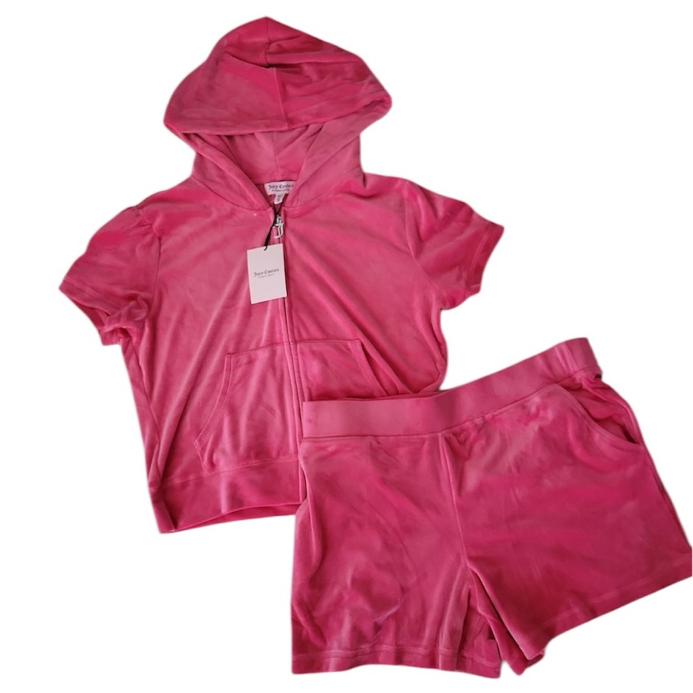 Juicy‎ Couture Watermelon Pink Velour Short Sleeve Hoodie & Shorts Set XL NWT